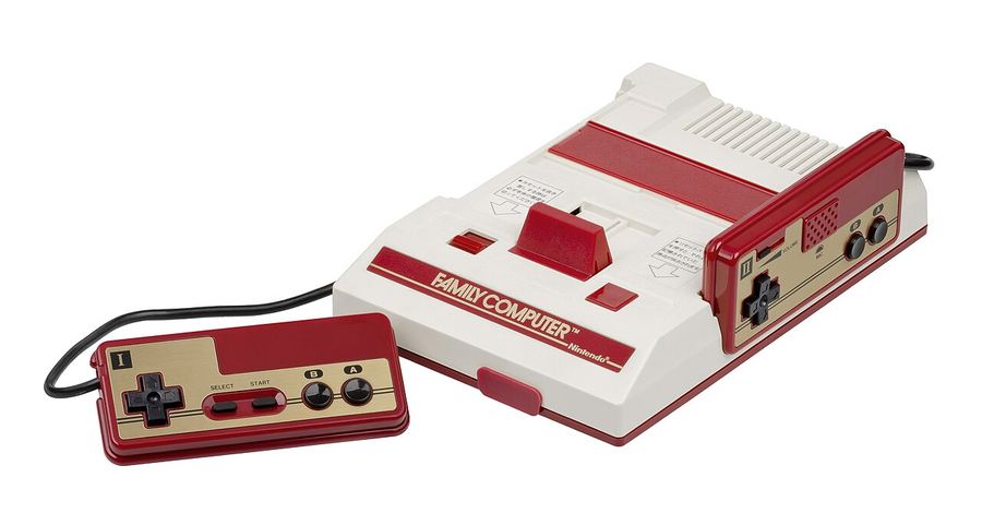 A Nintendo Famicom console with its controllers